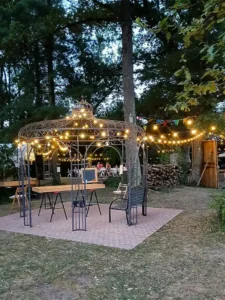 le parc au grand air décoré avec des guirlandes pour un mariage guinguette (Vonnas - 01)